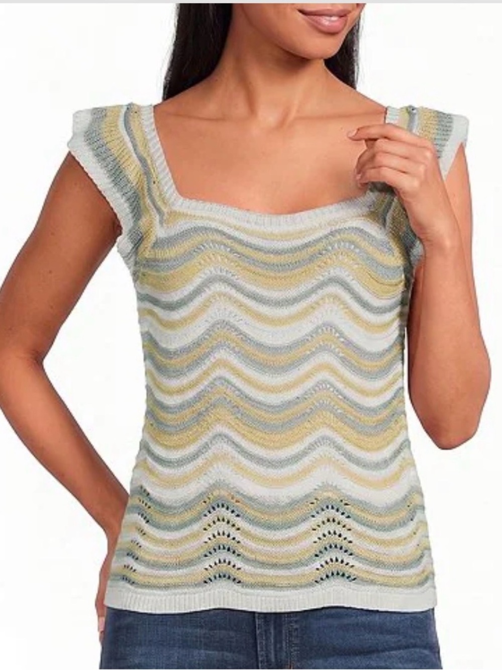 Elan Wavy Stripe Knit Tank in White, Pale Yellow & Seafoam